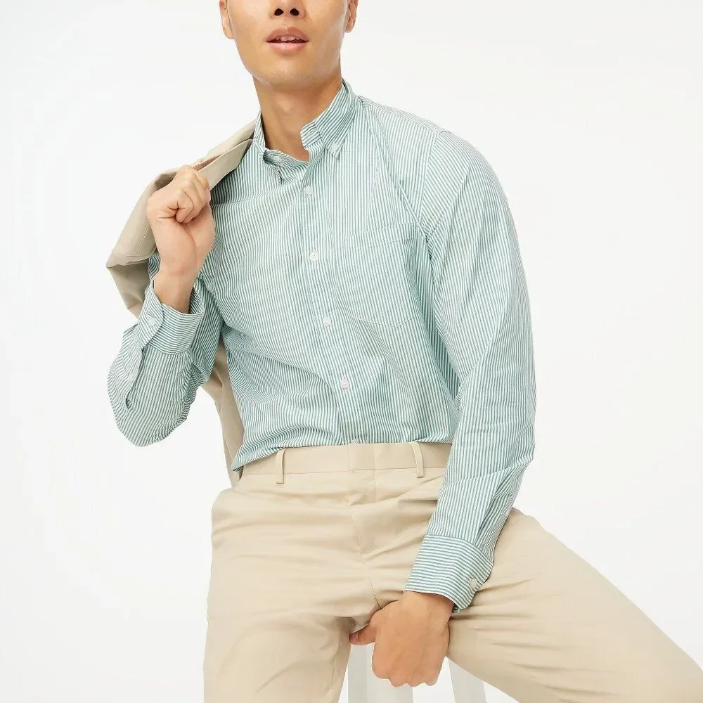 J Crew Men's Striped Classic Fit Cotton Shirt Large Button Down Winter Green $98